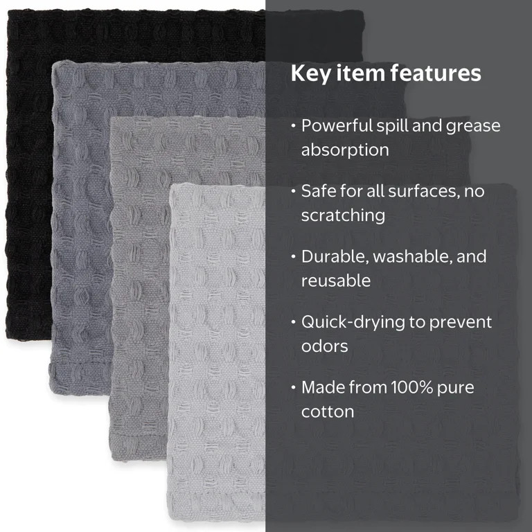 Mainstays 4-Pack Waffle Dishcloth Set, 100% Cotton, Gray, 12 in x 12 in | Walmart (US)