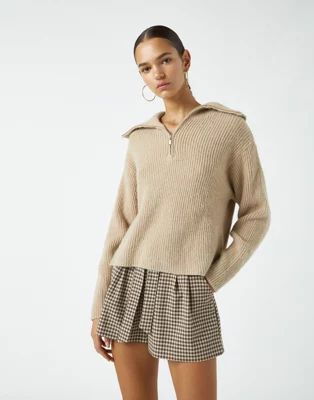 Pull&Bear half zip sweater in camel | ASOS (Global)