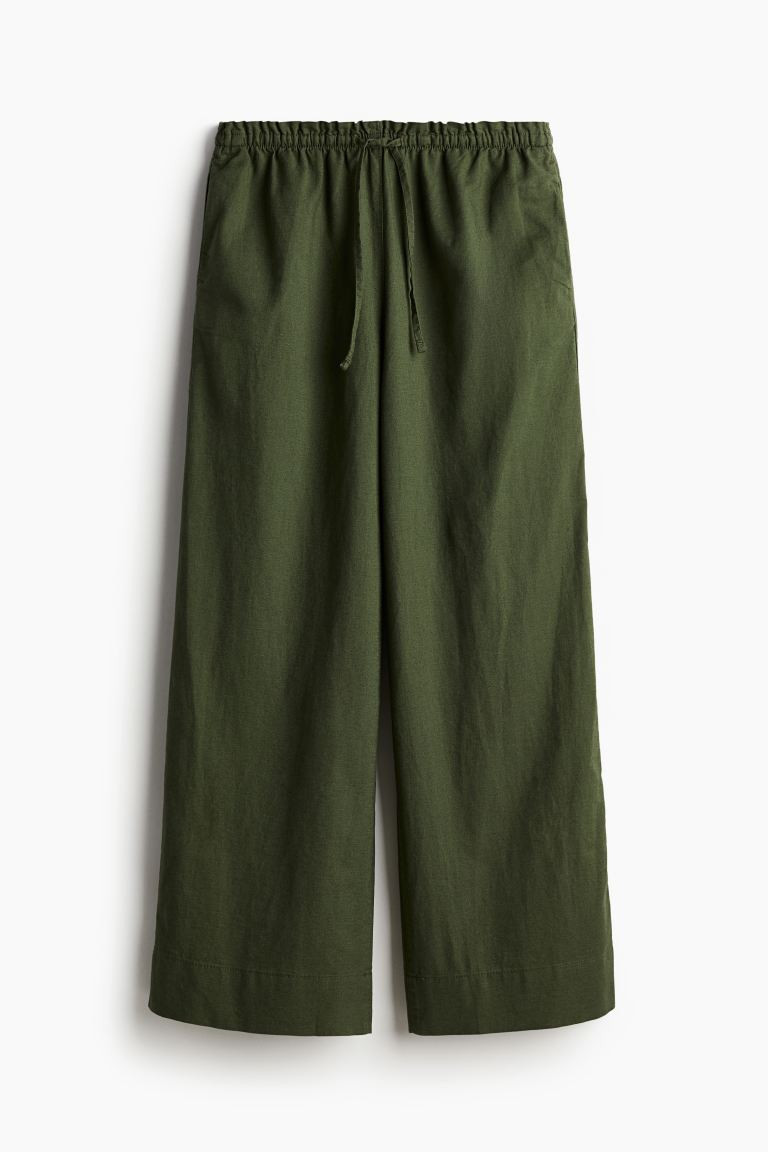 Wide-leg Linen-blend Pants - High waist - Long - Dark khaki green - Ladies | H&M US | H&M (US + CA)