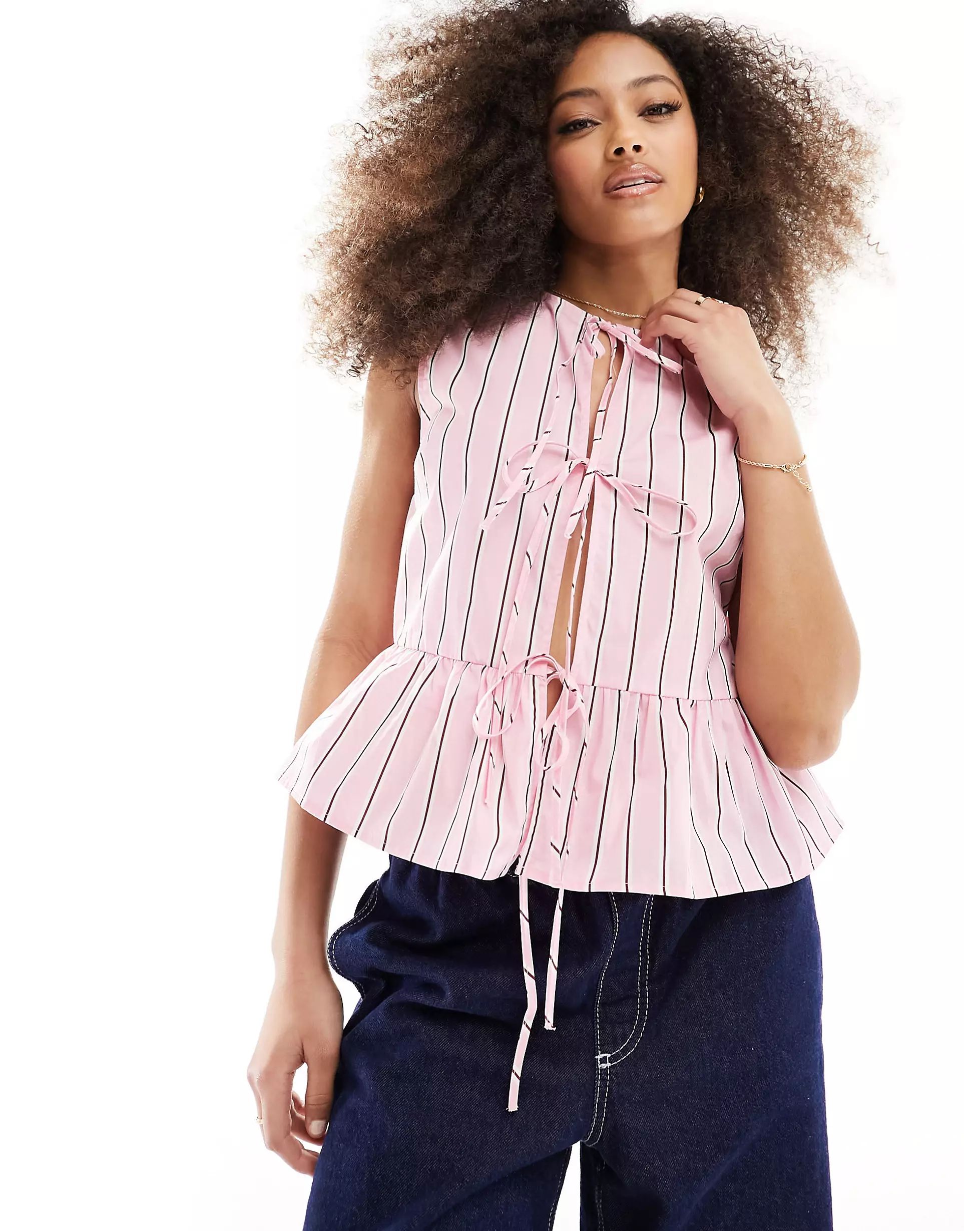 ASOS DESIGN cotton poplin tie front vest in pink stripe | ASOS | ASOS (Global)