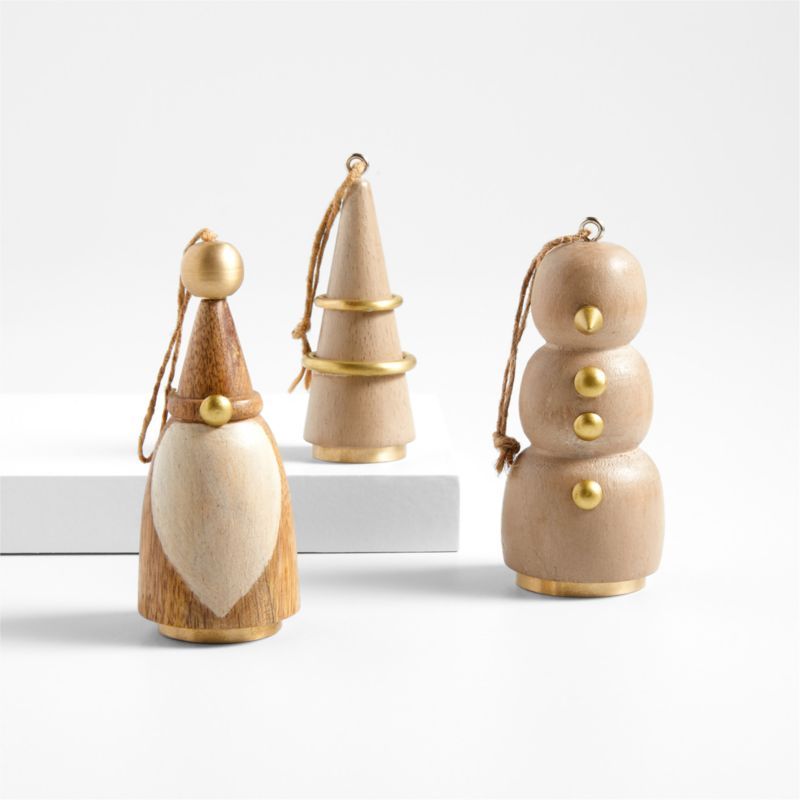 Brass and Hand-Carved Wood Christmas Tree Ornaments, Set of 3 | Crate & Barrel | Crate & Barrel