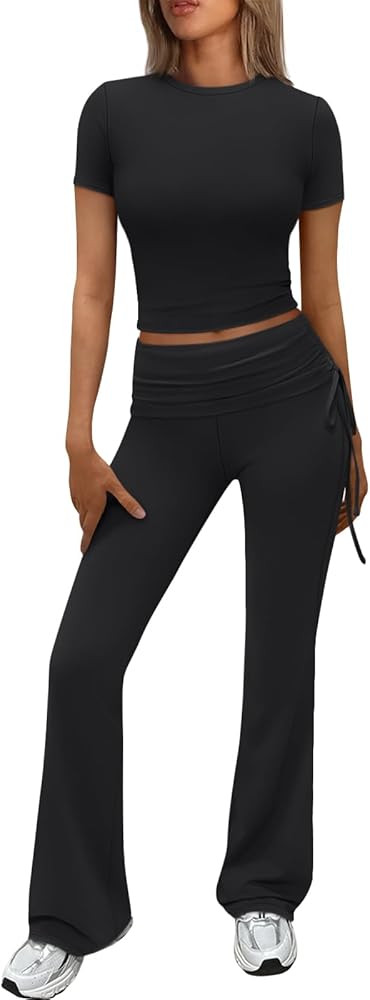 Trendy Queen Womens 2 Piece Outfits Lounge Sets Summer Y2k Short Sleeve Cropped Tops and Drawstri... | Amazon (US)