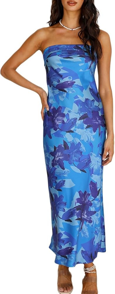 Satin Silk Backless Tube Tops Maxi Dress for Women Low Back Hollow Out Elegant Strapless Long Dre... | Amazon (US)
