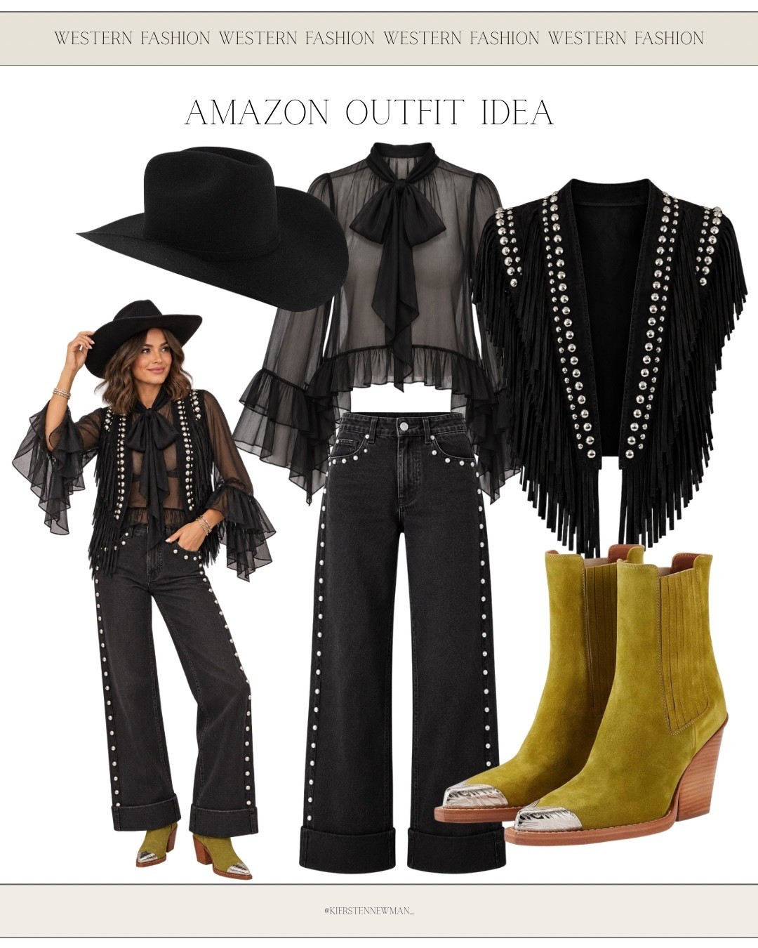 Bringing all the edgy western vibes to Vegas! 🖤✨ A sheer bow blouse, studded fringe vest, and statement denim make the ultimate NFR outfit. Add a black cowboy hat and olive western booties for a look that’s equal parts bold and feminine!

#NFR2026 #NFRFashion #WesternStyle #RodeoOutfit #WesternChic #AmazonOutfits #CowgirlFashion #VegasStyle #LTKFashion #ShopLTK