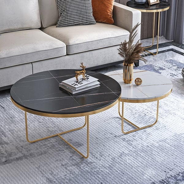 Modern Round Nesting Coffee Table Set 2-Piece Black & White Sintered Stone Top Gold Base | Homary