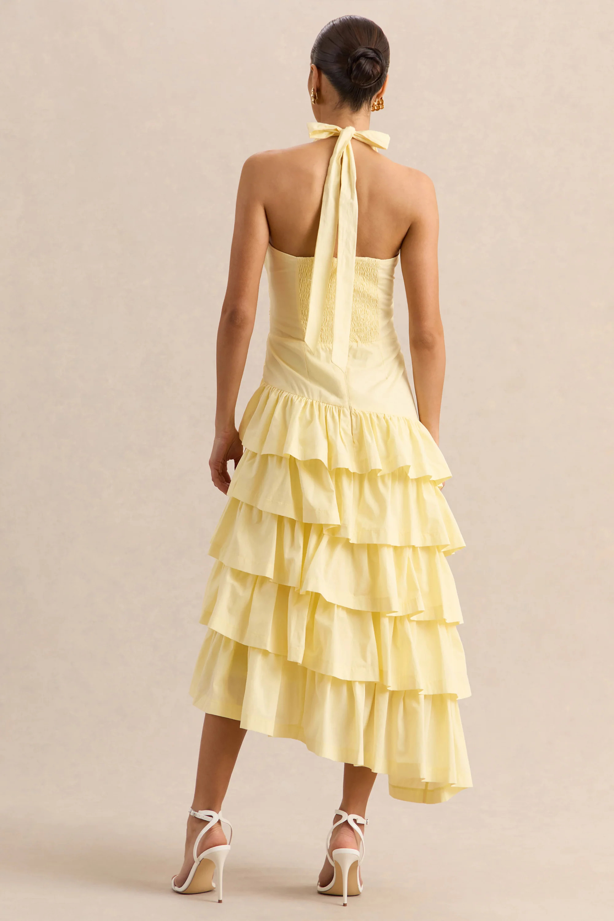Velora | Lemon Asymmetric Midi Dress With Tiered-Ruffled Skirt | Club L London