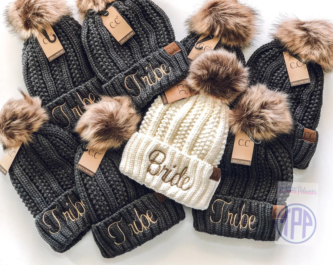 Bride Tribe or Babe Fur Pom Pom Beanie - Knit Hat for the Bride - Monogram Hat - Monogram CC Bean... | Etsy (US)