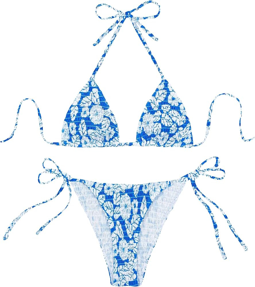 MakeMeChic Women's Halter Triangle Thong Bikini Sets High Cut Swimsuit Bathing Suit Swimwear | Amazon (US)