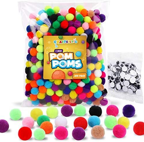 Craftsistic - 300 Pieces 1 inch Pom poms + 100 Self-Adhesive Googly Eyes - Pompoms for Arts and C... | Amazon (US)