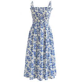 Tie Shoulder Floral Shirred Midi Dress in Blue | Chicwish