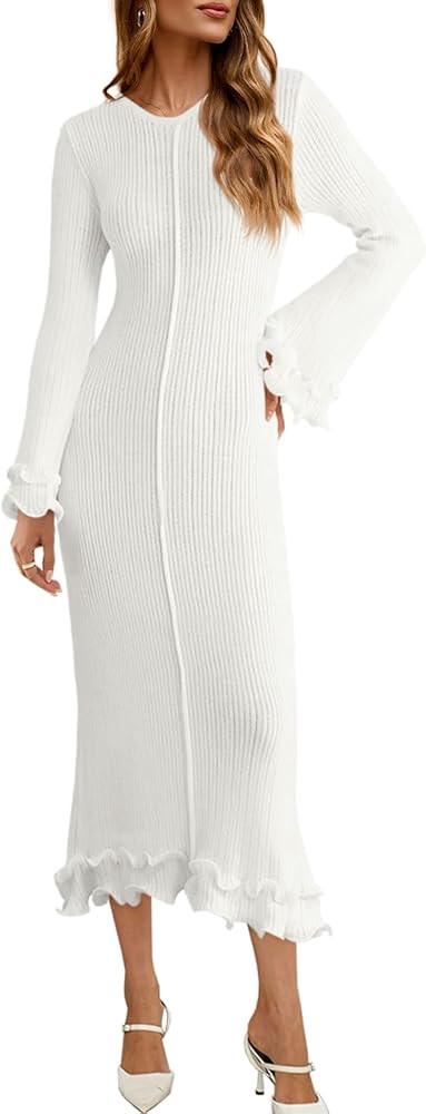Saodimallsu Womens Bell Long Sleeve Knit Dress Ruffle Bodycon Ribbed Cocktail Party Crew Neck Mid... | Amazon (US)