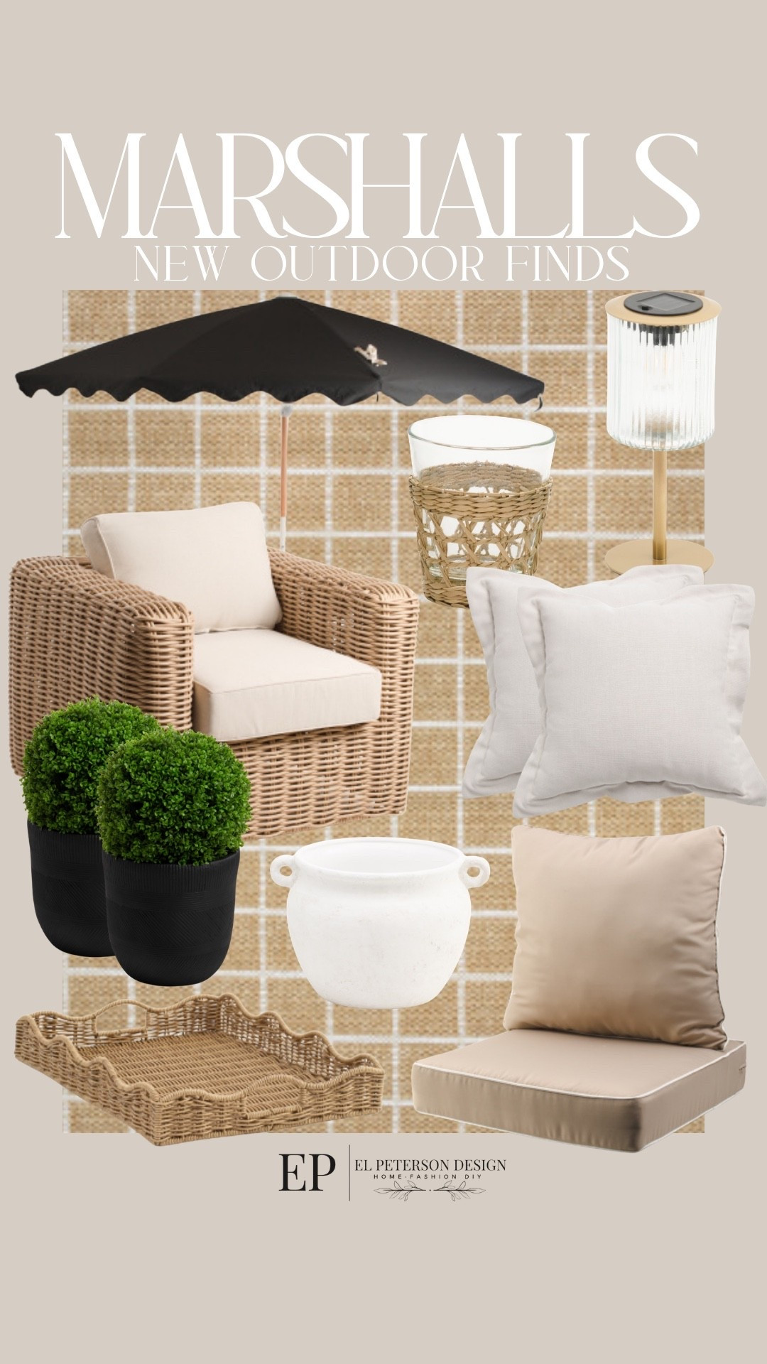 Marshall’s
New outdoor finds
Rug
Planter
Outdoor chairs
Topiary 
Umbrella
Pillow
Seat cushions
Tray
Drinking glasses

#LTKHome