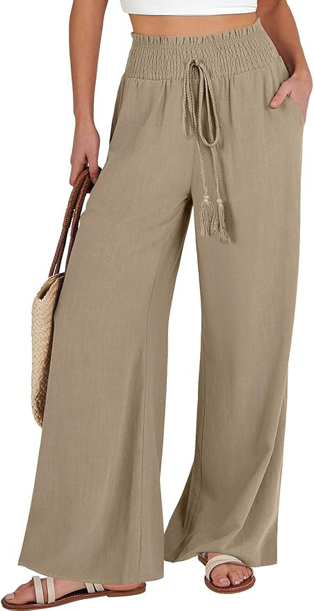 ANRABESS Women Linen Palazzo Pant Summer Casual Loose High Waist Wide Leg Long Lounge Pant Trouse... | Amazon (US)