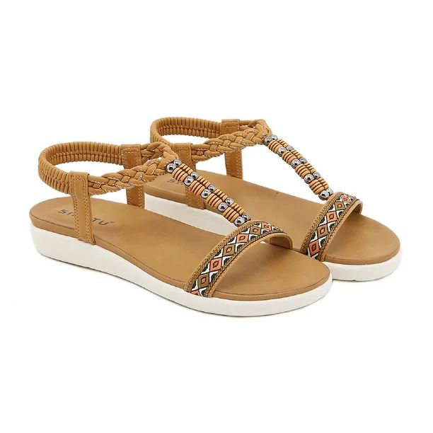 SHIBEVER Summer Casual Boho Flats Sandals for Women Comfortable Beach Braided Strap Beaded Shoes ... | Walmart (US)
