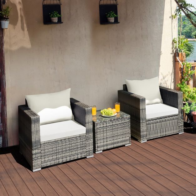 Costway 3 PC Patio Rattan Furniture Bistro Set Cushioned Sofa Chair Table White\Navy | Target