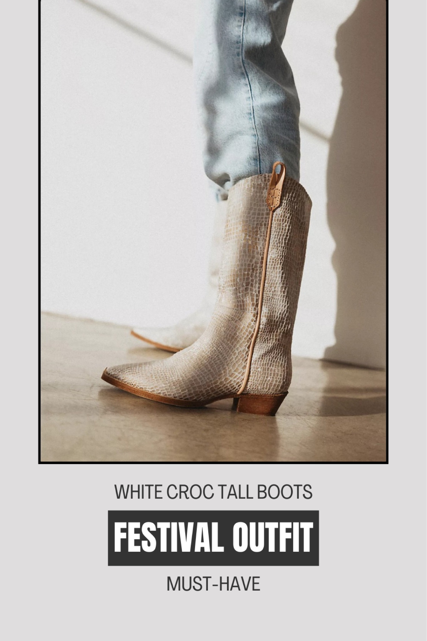 Festival outfit basic: white cowgirl boots

Western boots
White crocodile print
Tall boots

Pair with a sun dress or short denim shorts for the perfect summer concert or festival outfit 