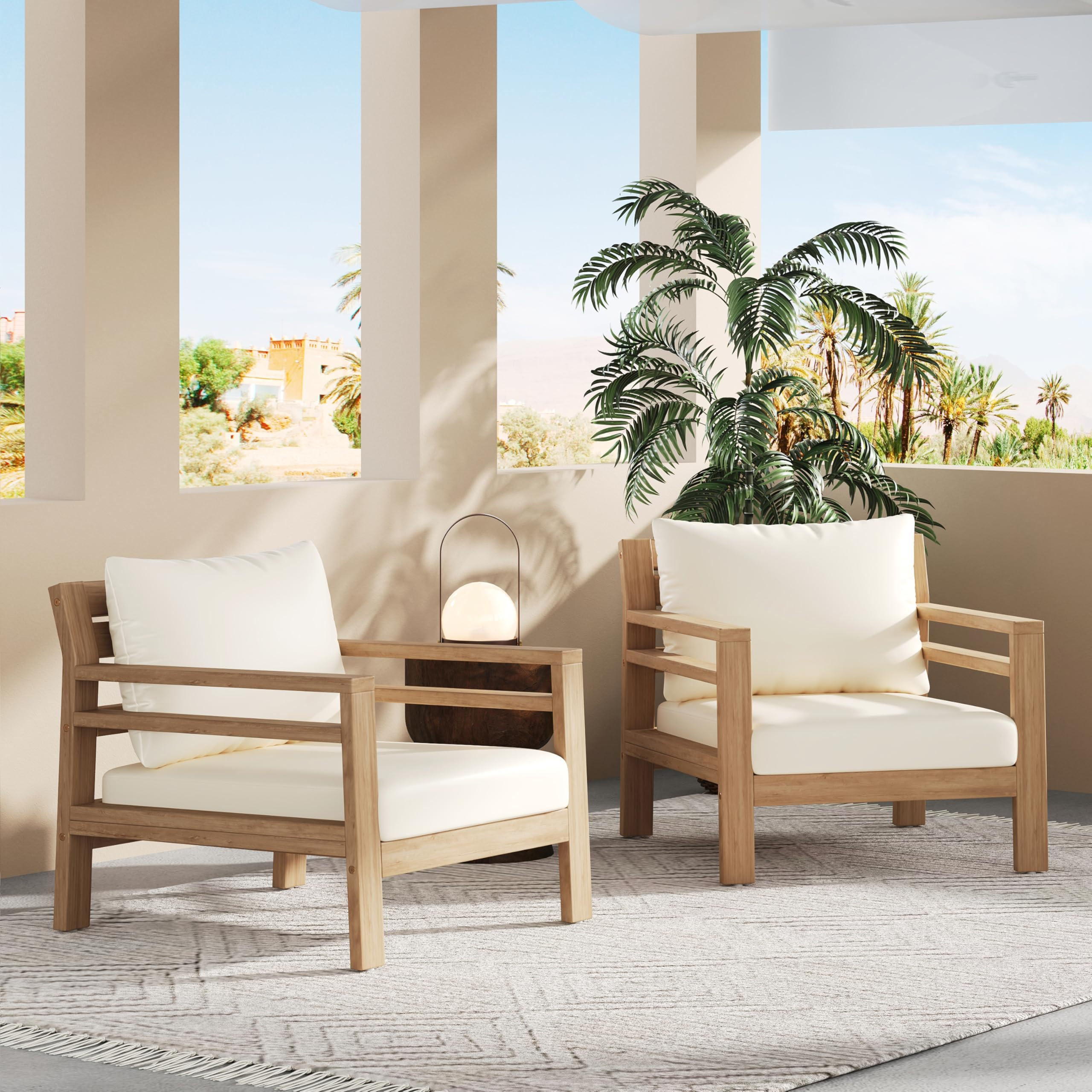 Merax Outdoor Acacia Wood Club Chairs with Beige Cushions (Set of 2), Light Teak Finish Armchair ... | Amazon (US)