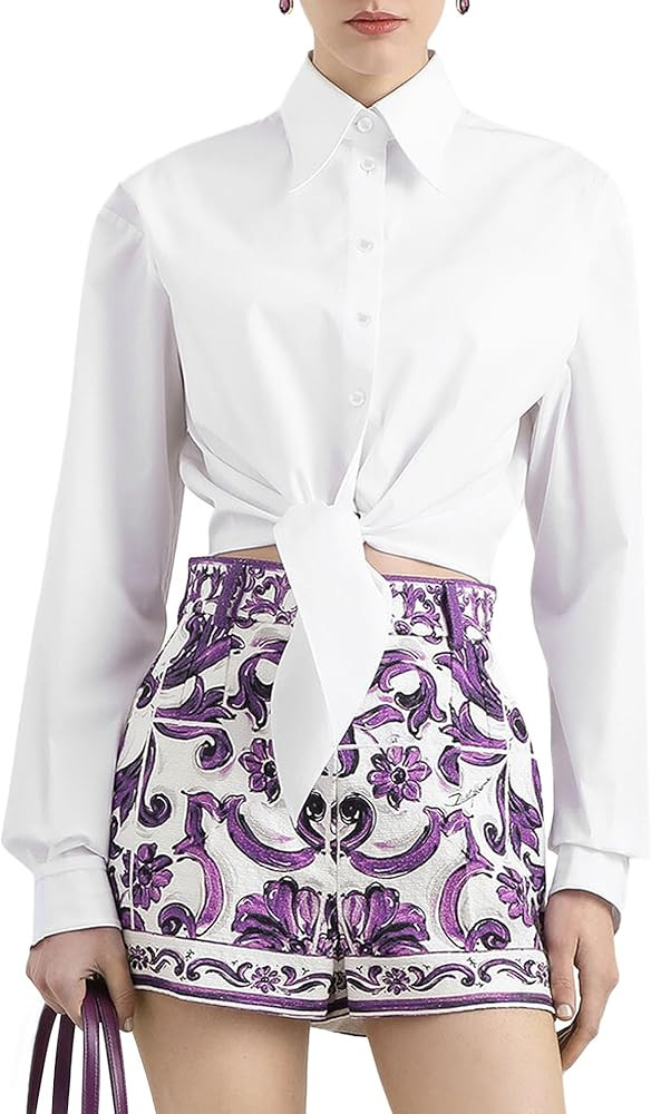 Women's Long Sleeve Button Down Shirt, Front Tie Blouse with Back Folds, Casual & Office Wear Top... | Amazon (US)