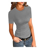 Womens Crewneck Short Sleeve Ribbed T-Shirt Slim Fit Tops Solid Basic Tee Black at Amazon Women\u... | Amazon (US)