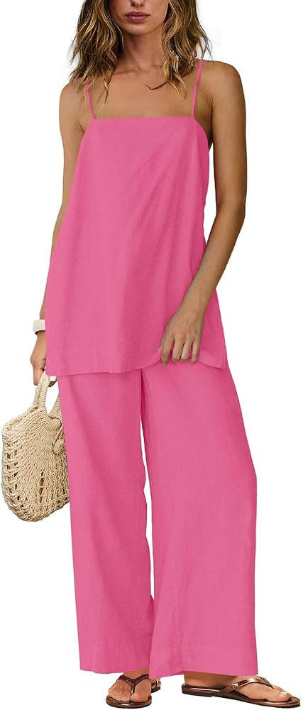 Yanekop Linen Sets for Women 2 Piece Pants Summer Outfits Matching Lounge Sets Spaghetti Strap Ta... | Amazon (US)