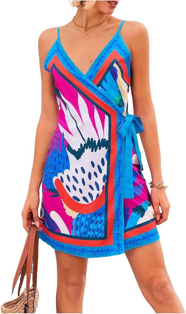 RoseSeek Women's Tropical Print Cami Dress Sleeveless Wrap V Neck Tie Knot Boho Short Dresses | Amazon (US)