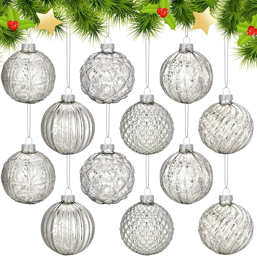 Jenaai 12 Pcs 2.36 Inch Silver Glass Christmas Ball Ornaments Vintage Christmas Tree Decorations ... | Amazon (US)