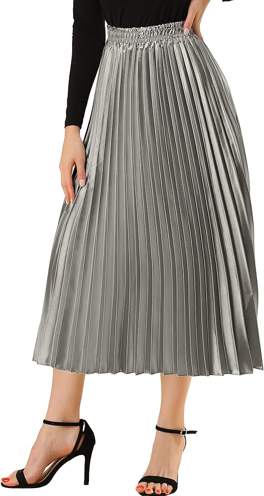 Allegra K Women's Party Elastic Waist Metallic Shiny Accordion Pleated Midi Skirt | Amazon (US)