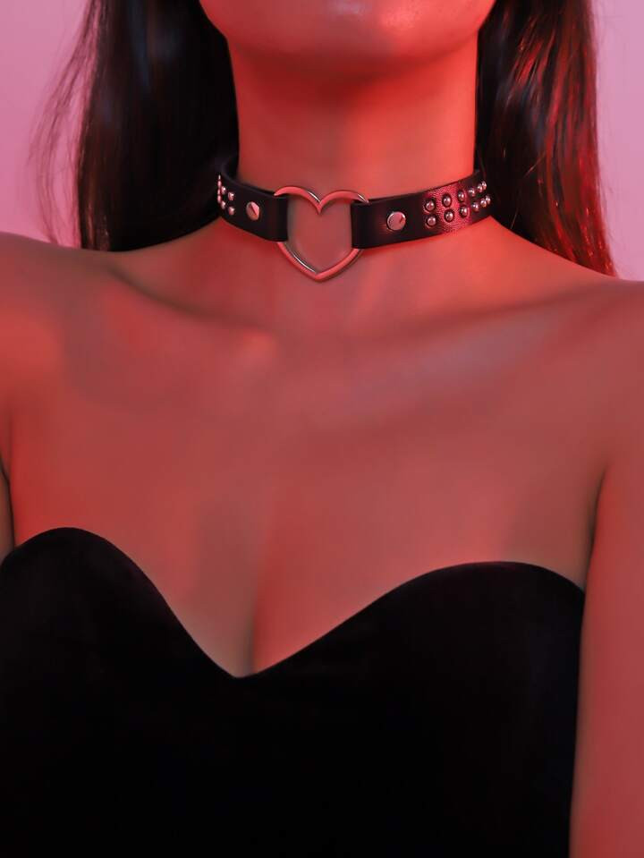 1pc Punk Style Pu Leather Choker Necklace With Metallic Heart Studs And Buckle For Women's Hip Hop Street Accessories | SHEIN