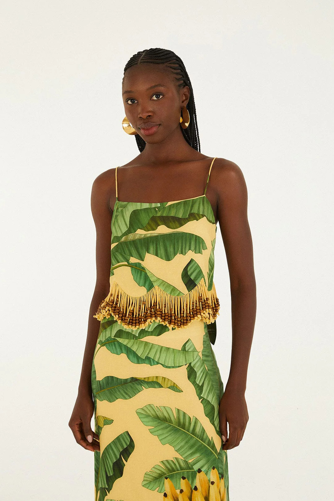 Yellow Fruit Leaves Banana Beaded Fringes Sleeveless Top, FRUIT LEAVES BANANA YELLOW / M | FarmRio (US)