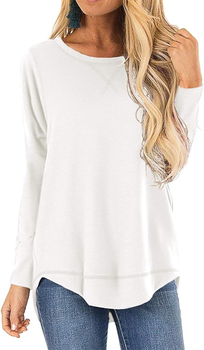Youdiao Women's Long Sleeve Tops Side Split Round Neck Casual T-Shirts Loose Tunic Tops Blouses | Amazon (US)
