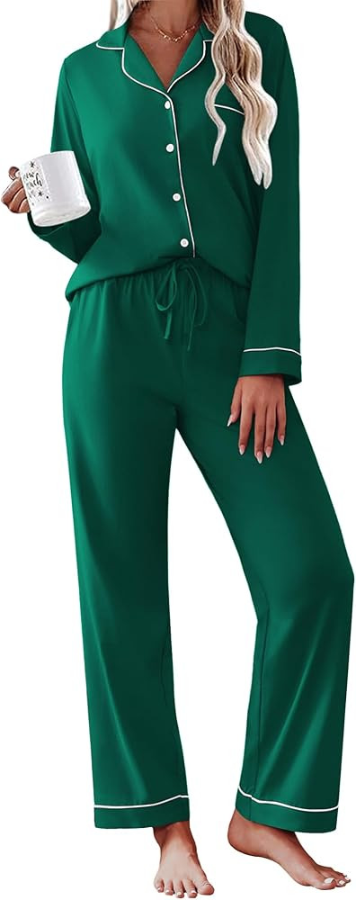 Ekouaer Womens Pajamas Set Cotton Long Sleeve Button Down Sleepwear Top and Long Pants Set Soft 2... | Amazon (US)