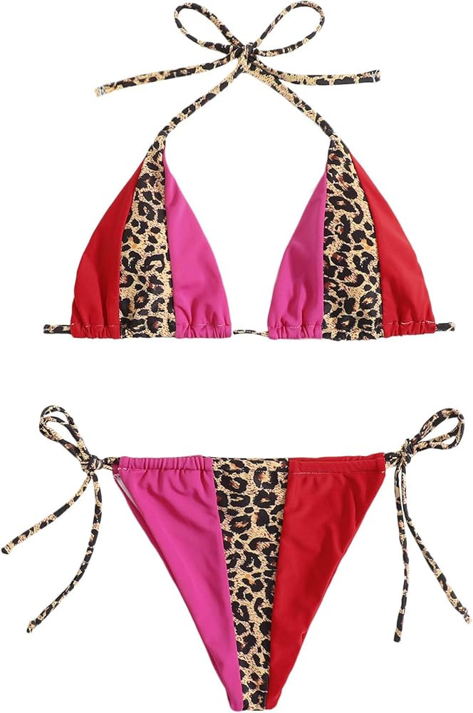 WDIRARA Women's Two Tone Halter Tie Side 2 Piece Bikini Set Swimsuit | Amazon (US)