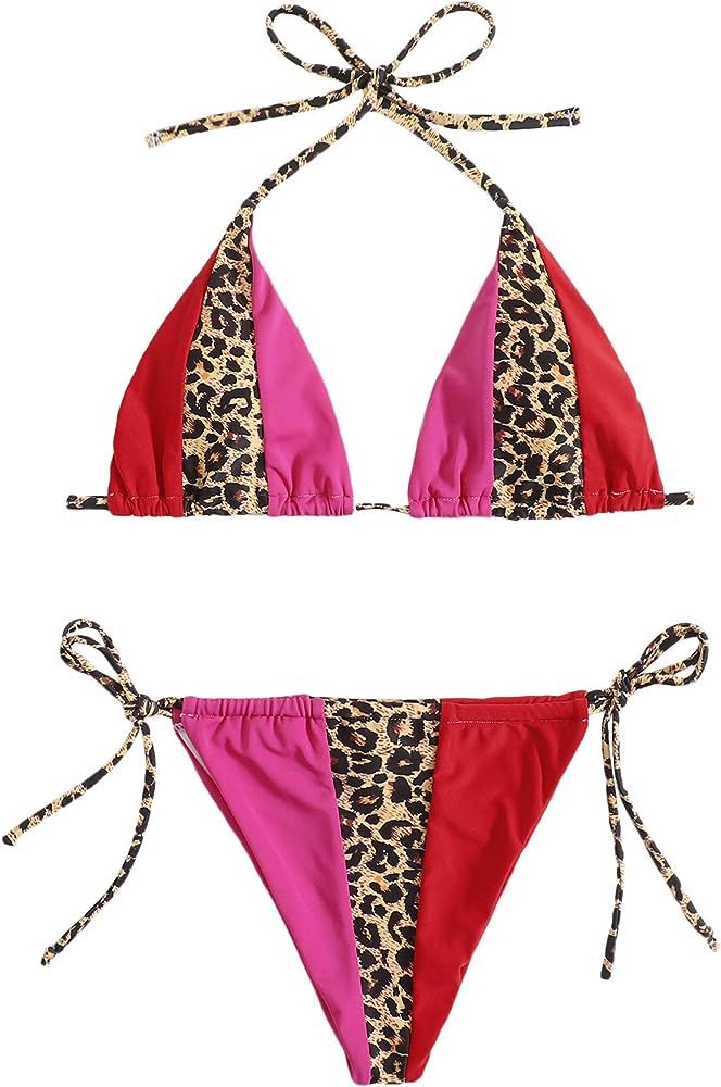 WDIRARA Women's Two Tone Halter Tie Side 2 Piece Bikini Set Swimsuit | Amazon (US)