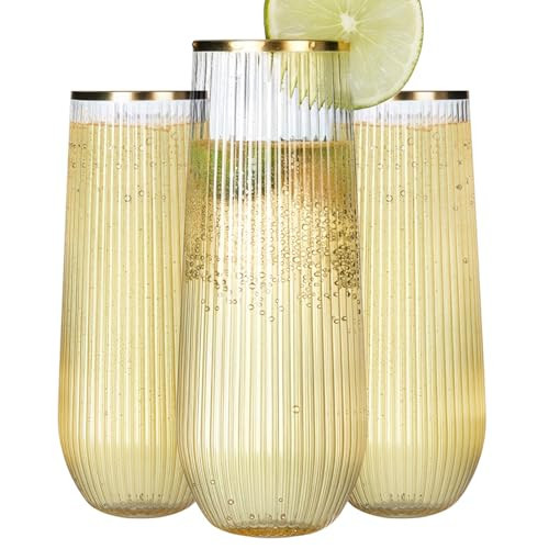 JoyGletss 48 Pack Plastic Champagne Flutes Stemless 9 Oz, Ribbed Ripple Gold Rim Unbreakable Champagne Glasses, Elegant Durable Shatterproof Recyclable Glasses Ideal for Wedding Parties | Amazon (US)