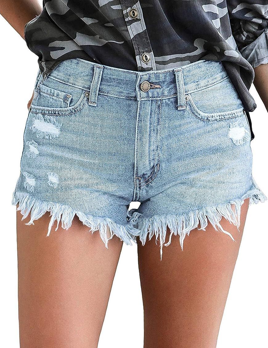 LUYEESS Women's High Rise Frayed Jean Shorts Distressed Raw Hem Ripped Destroyed Denim Shorts | Amazon (US)