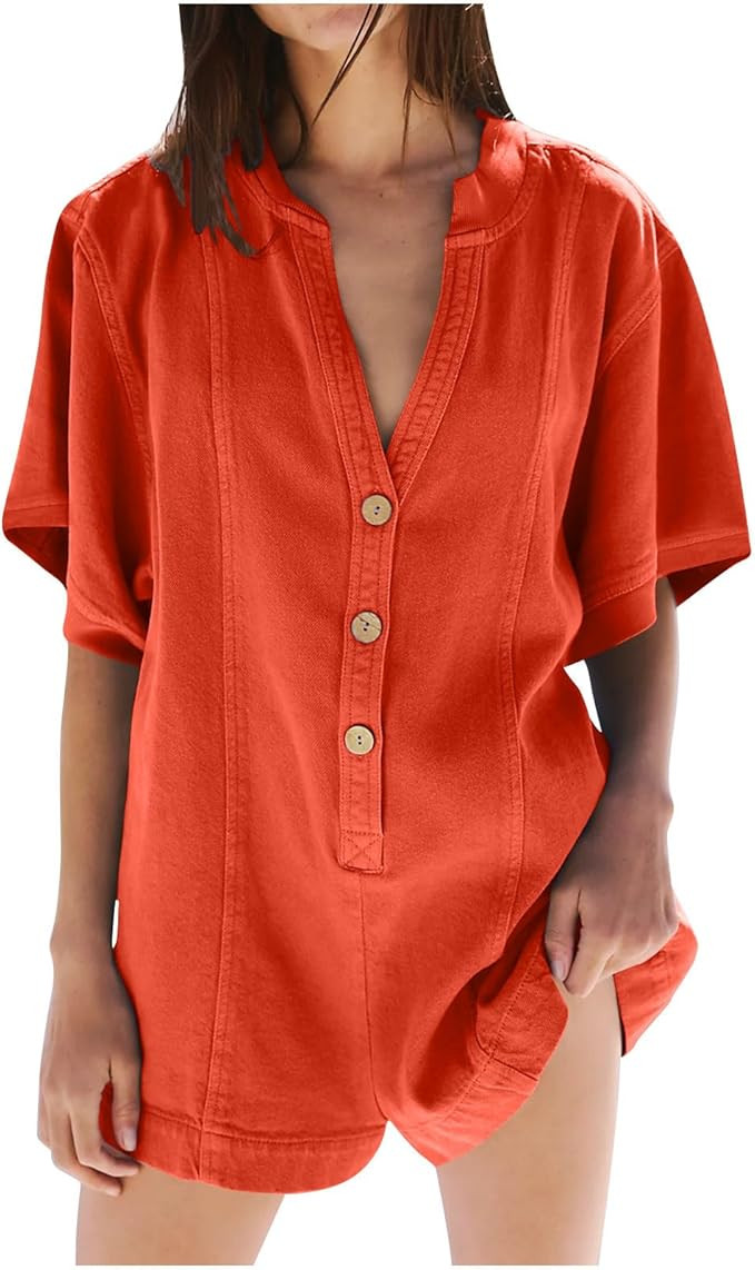 Tshirt Rompers for Women Summer Rompers for Women Short Sleeve V Neck Button Down Dressy Jumpsuit... | Amazon (US)