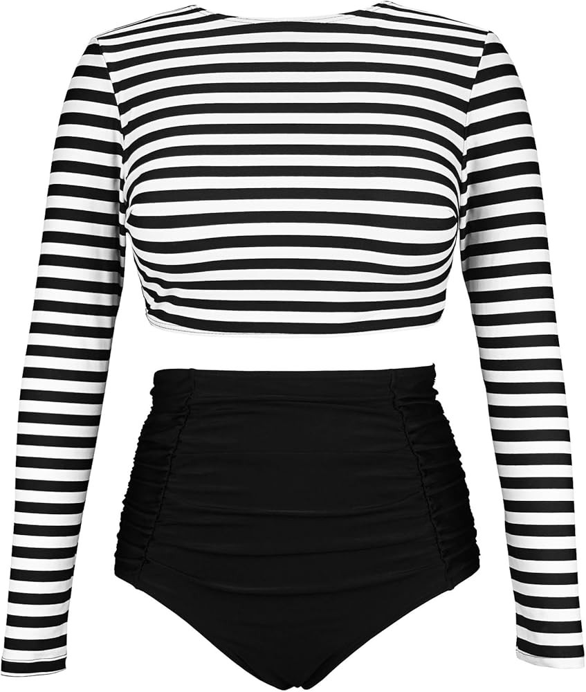 COCOSHIP Women's Long Sleeve Swim Shirt Rash Guard Top Tankinis Set High Waist Bathing Swimsuit(F... | Amazon (US)