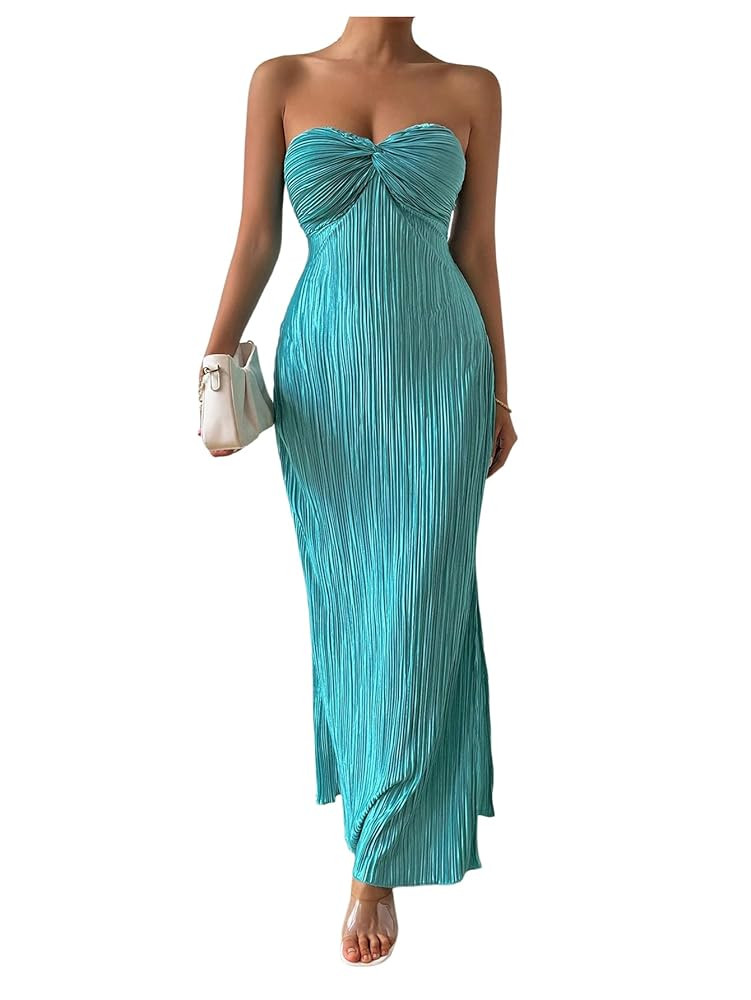 Milumia Women's Twist Front Strapless Bodycon Dress Summer Split Thigh Maxi Tube Dresses Vacation... | Amazon (US)