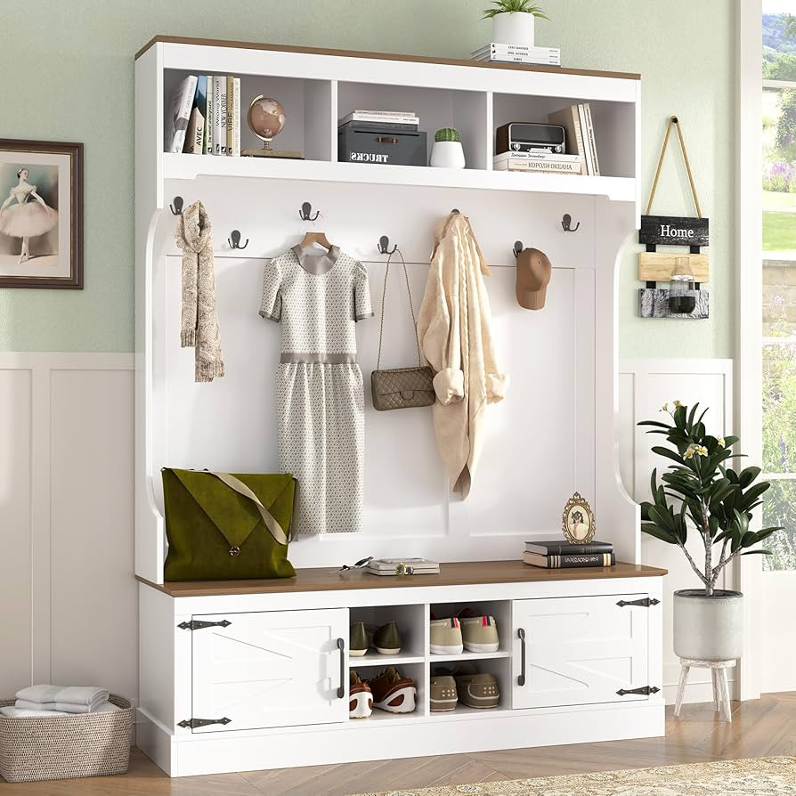 Merax 71''H Farmhouse Hall Tree with Bench and Shoe Storage, 5-in-1 Modern Entryway Storage Organ... | Amazon (US)
