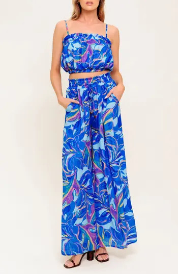 FLYING TOMATO Print Bubble Crop Top & Wide Leg Pants Set in Blue at Nordstrom Rack, Size Small | Nordstrom Rack