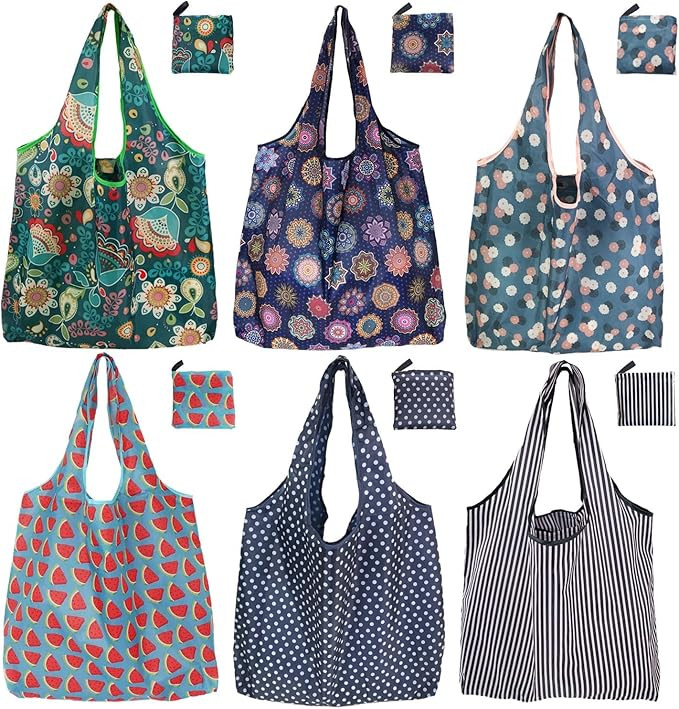 Reusable Grocery Bags, 6 Pack 50Lbs Foldable Fashion Washable Shopping Bags, Large Boho Tote Bags... | Amazon (US)