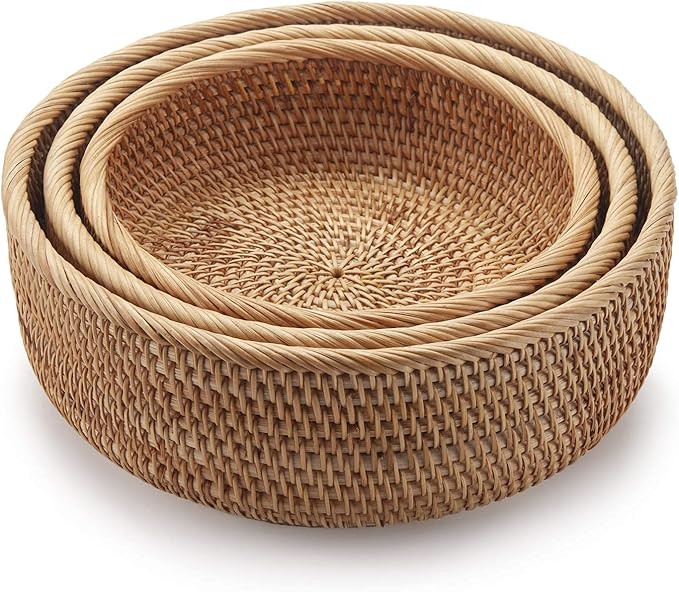 Round Rattan Fruit Baskets Woven Storage Bowls Key Holder Stackable for Shelf Kitchen Tabletop Na... | Amazon (US)