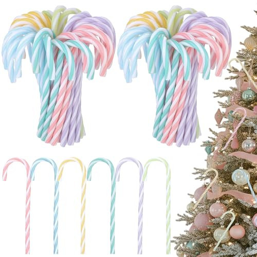 Kathfly 90 Pcs Pastel Christmas Candy Cane Ornament Plastic Christmas Tree Hanging Decor Twisted Crutch Candy Canes for Home Xmas Tree Holiday Party Gift Decoration (Macaron Color) | Amazon (US)