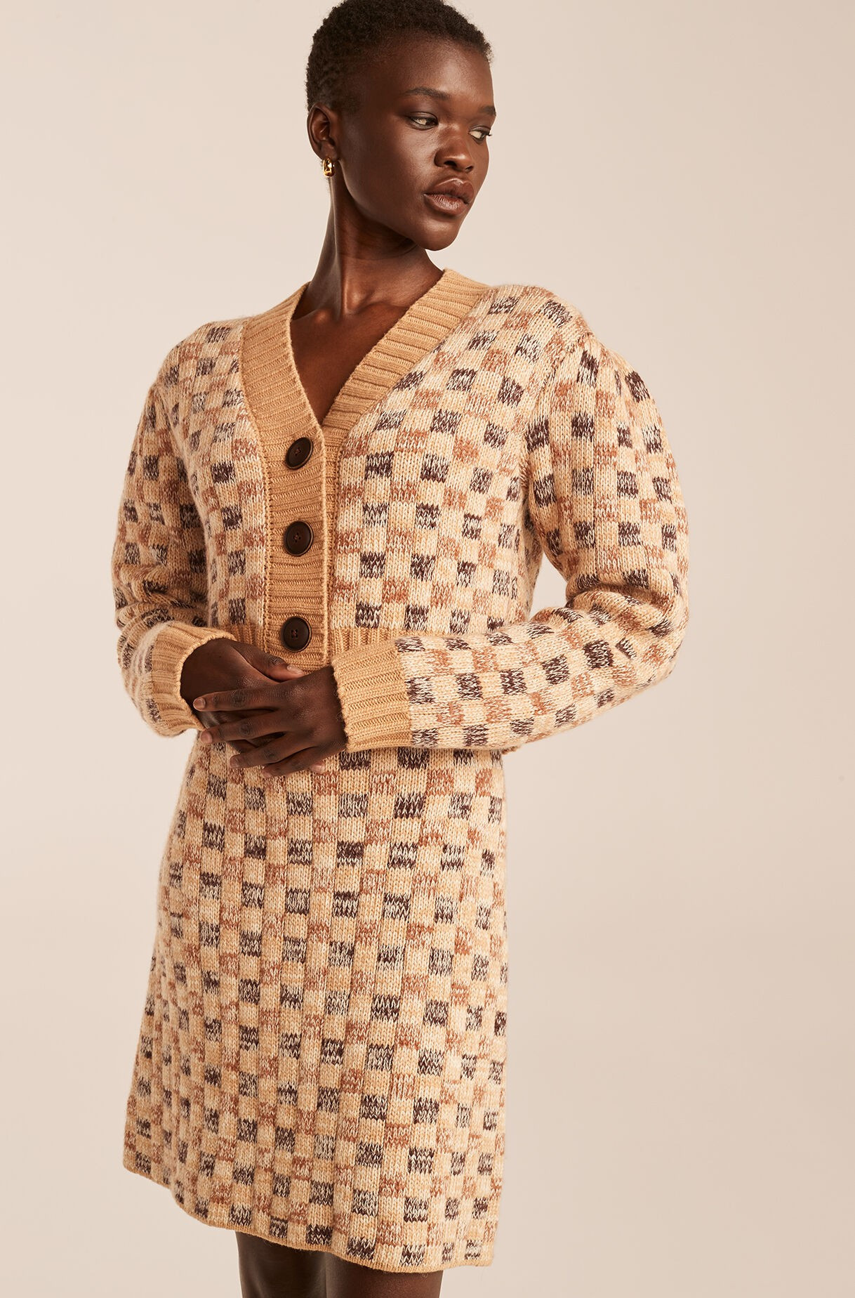 Cropped Checkerboard Jacquard Cardigan | Rebecca Taylor