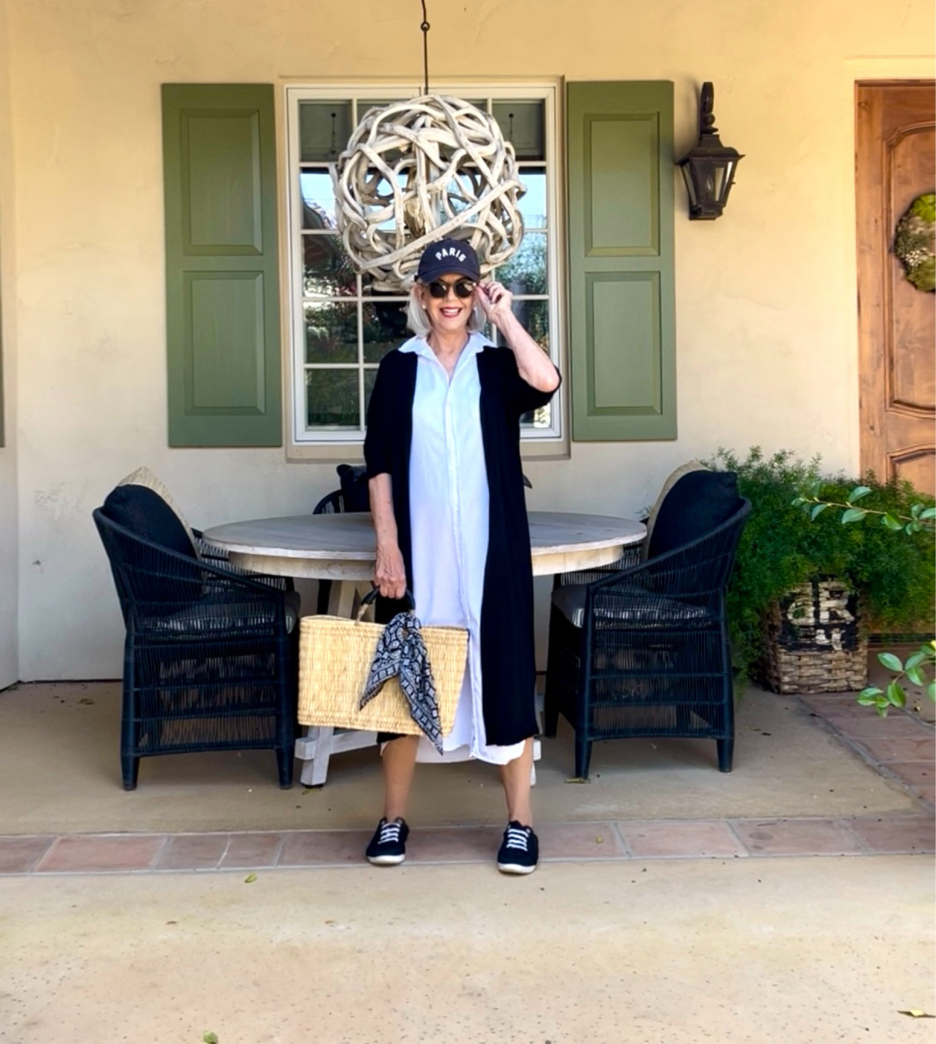 White shirt dress with black duster sweater straw market bag baseball cap

#baseballcap #dusterr

#LTKSeasonal #LTKover40 #LTKstyletip