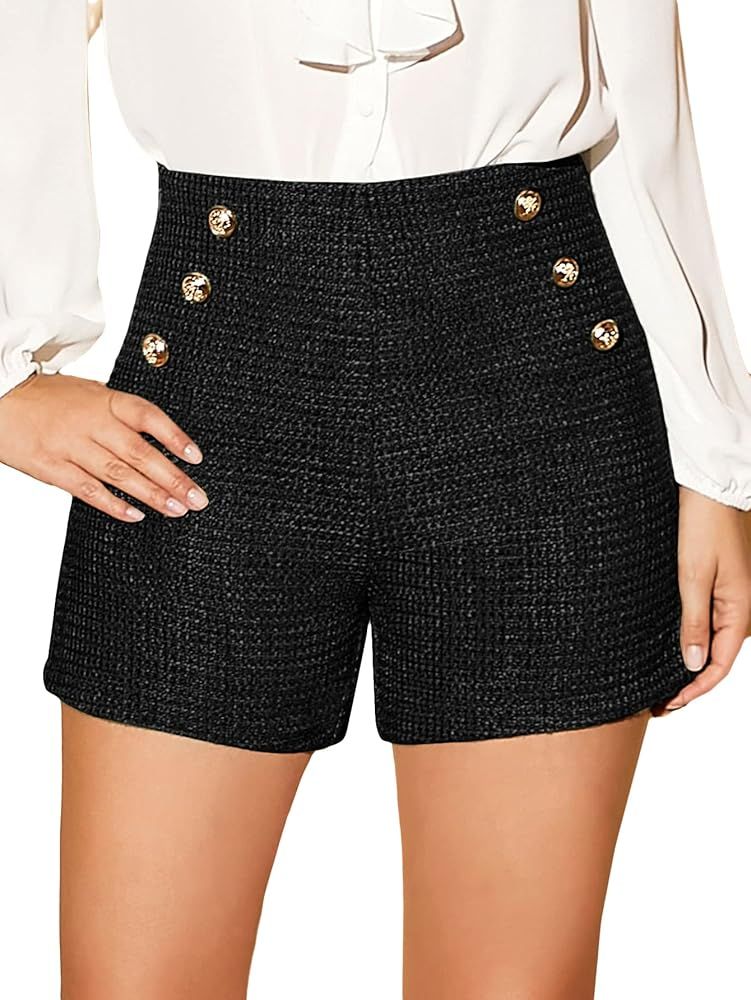 Women's Button Decor Zipper High Waist Tweed Shorts | Amazon (US)