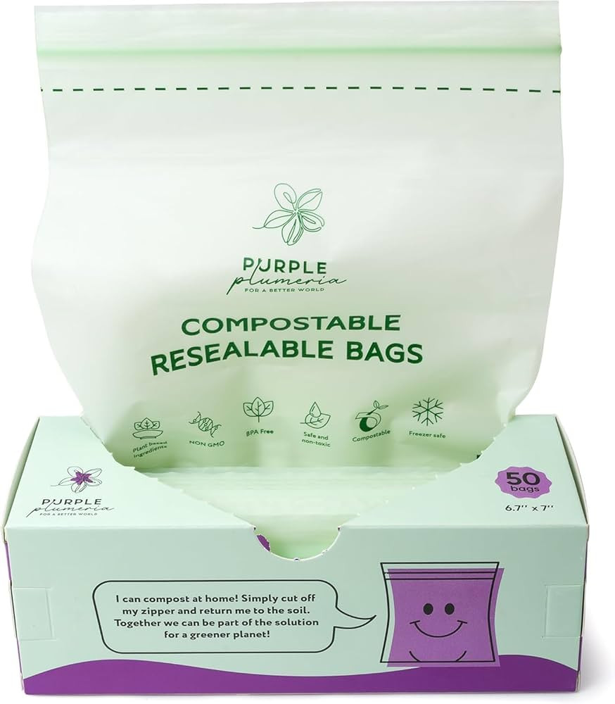 100% Compostable Resealable Food Storage Bags (50 Eco Zip), Biobased, Leak-Proof and Freezer-Safe... | Amazon (US)