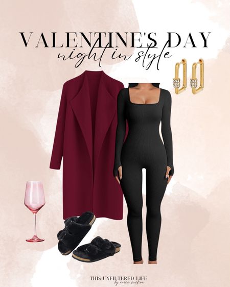 Valentine’s Day Style - Amazon Bodysuit - Amazon Sweater Coatigan - Amazon Slippers - Gold Hoop Earrings #ValentinesDay #NightIn #ComfyCasual

#LTKSeasonal #LTKunder50 #LTKstyletip