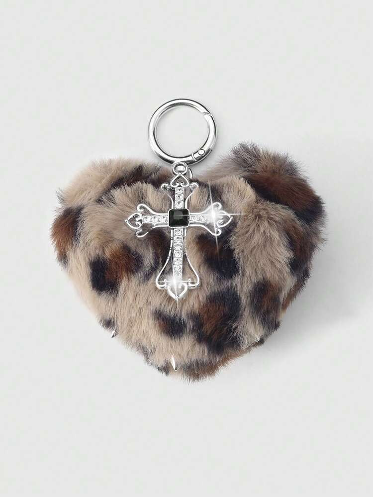 ROMWE Kawaii 1pc Y2K Retro Punk Goth Style Brown Faux Fur Leopard Print Rivet 3D Heart Cross Pendant Keychain, Suitable For Women, Daily Wear Or Gift, Halloween | SHEIN