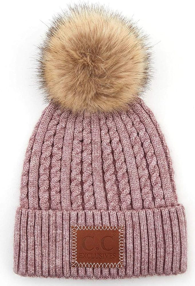 Exclusive Soft Double Braided Knit Beanie with Pom and Leather Patch | Amazon (US)
